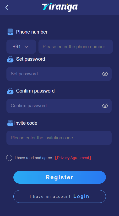 tiranga game login form